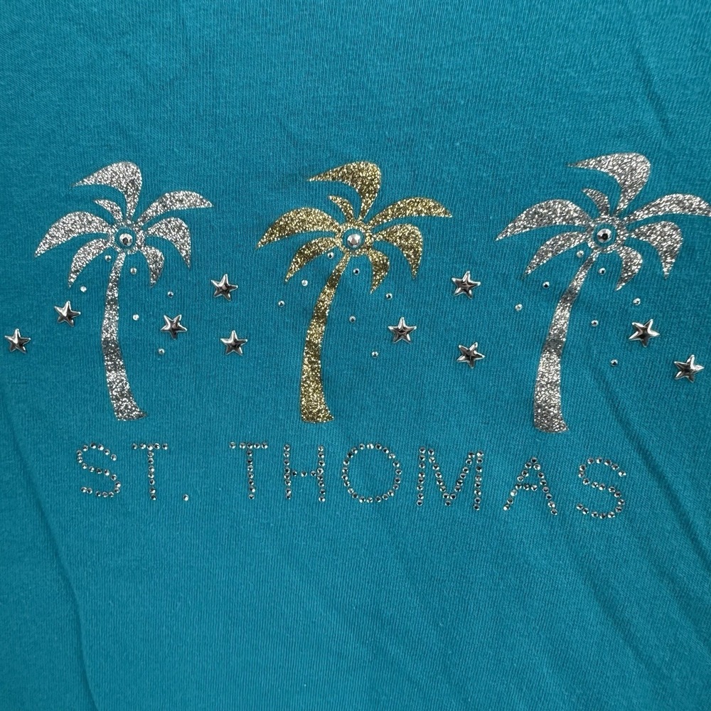 Graphic T Large Teal St Thomas Tropical Palm Trees Rhinestone Glitter Sparkle